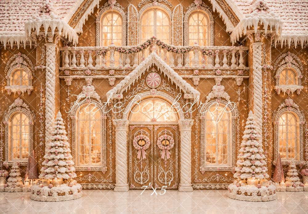 Kate Christmas Snowy Gingerbread Palace Printed Backdrop Designed by Caitlin Lynch