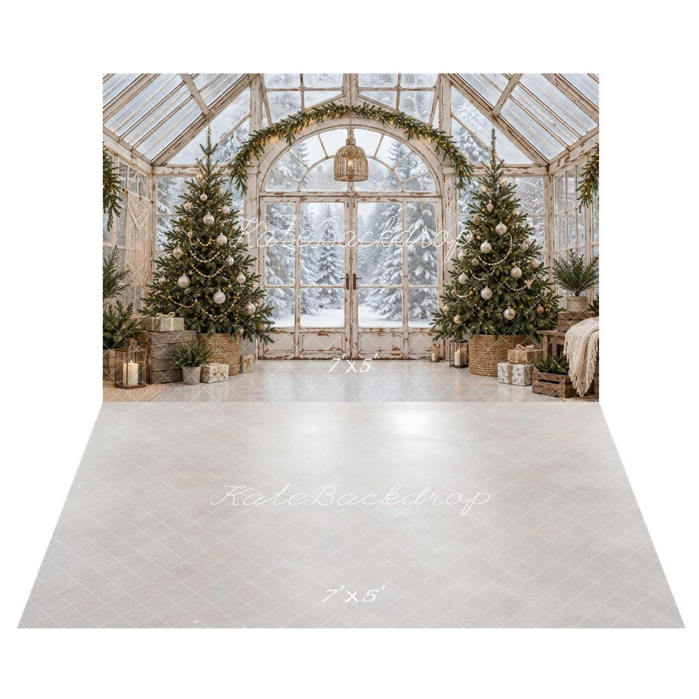 Kate Christmas Greenhouse Twin Trees Snowy Forest Printed Backdrop+Light Gray Glossy Floor Printed Backdrop