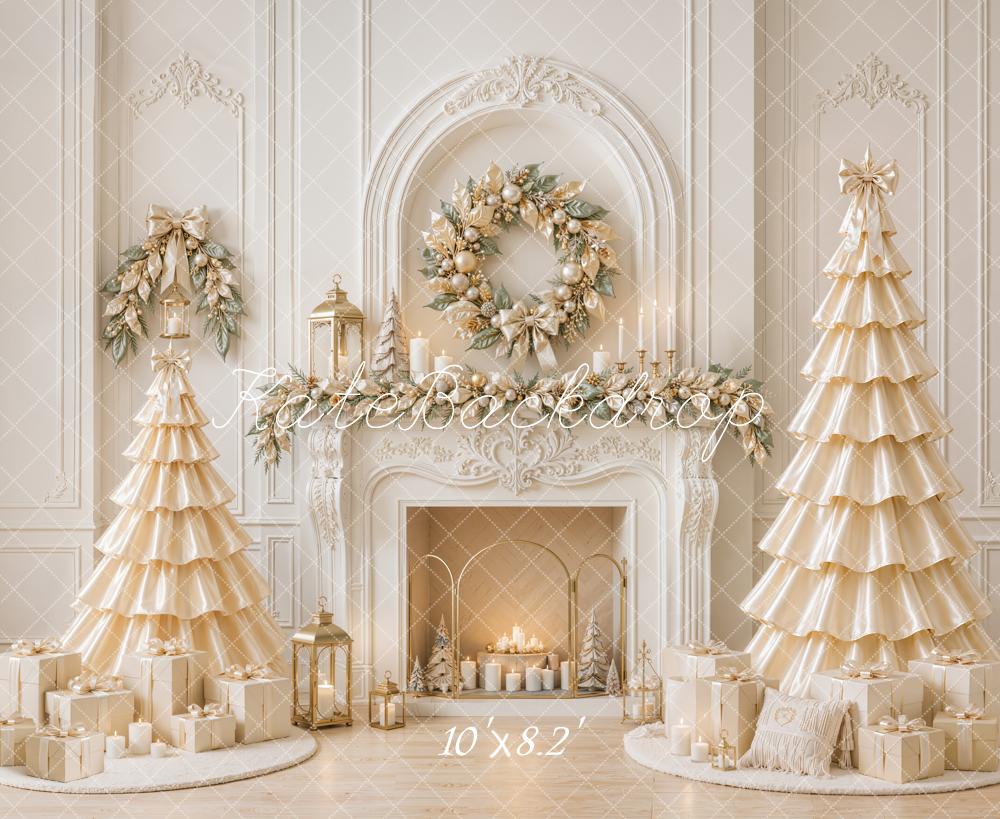 Kate Christmas White Fireplace Wreath Satin Trees Printed Backdrop Designed by Emetselch