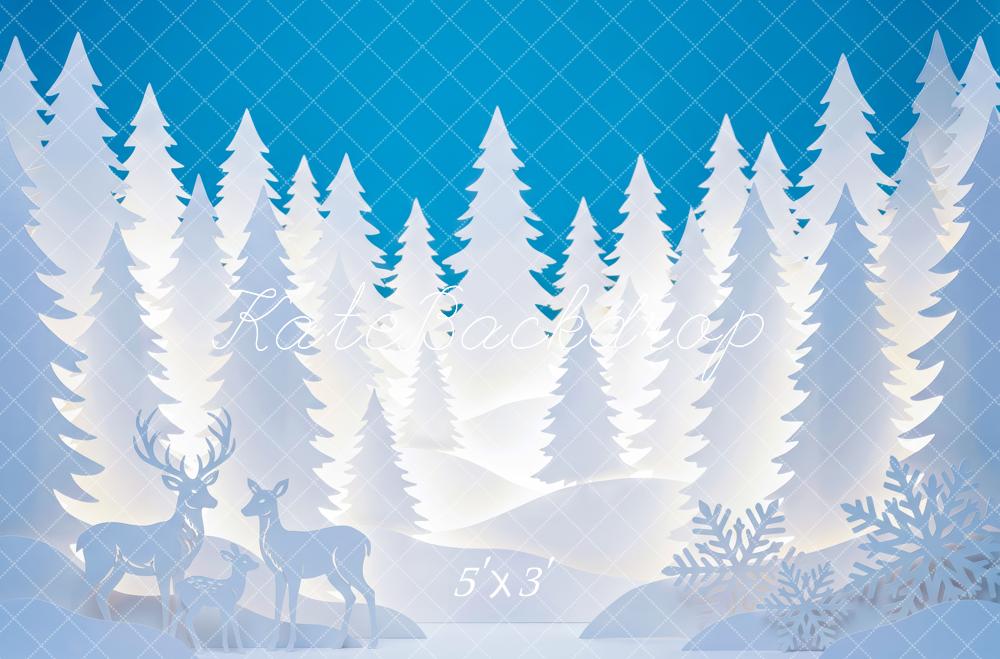 Kate Winter Blue Snowy Forest Paper Silhouettes Deer Snowflakes Printed Backdrop Designed by Patty Roberts