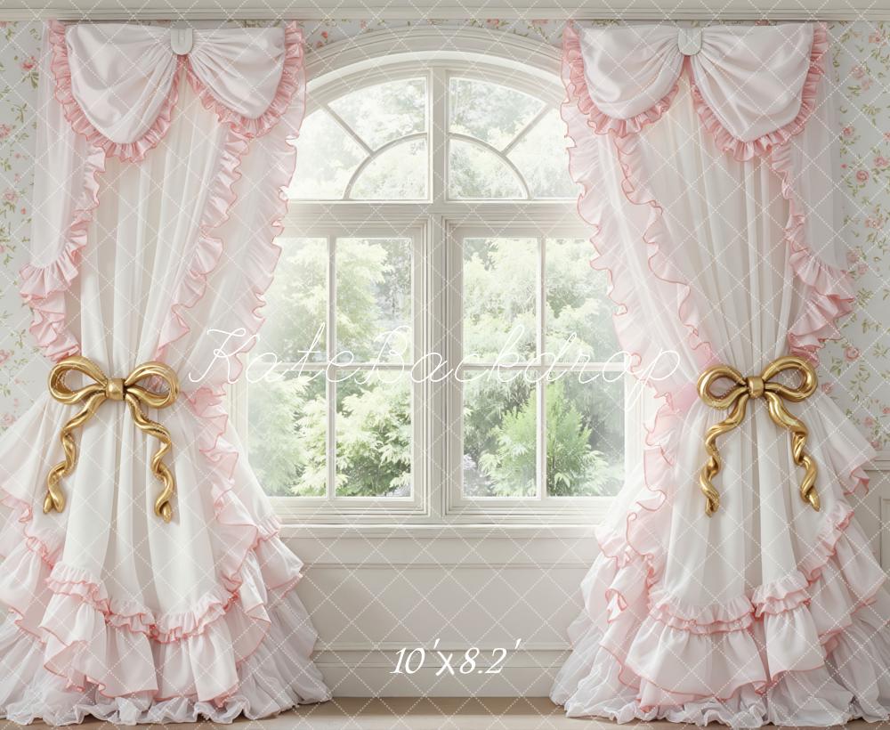 Kate Spring Pink Ruffle Curtains Floral Wallpaper Window Backdrop Designed by Mini MakeBelieve