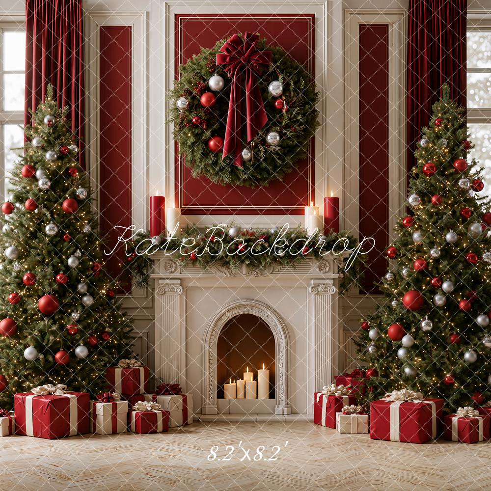 Kate Christmas Trees Vintage Red Bow Fireplace Wreath Gifts Printed Backdrop Designed by Emetselch