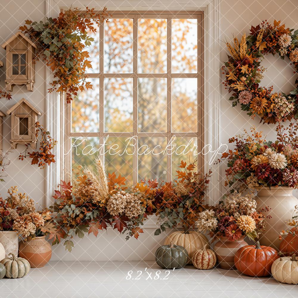 Kate Fall Cozy Interior Pumpkins Floral Window Wreath Printed Backdrop Designed by Emetselch