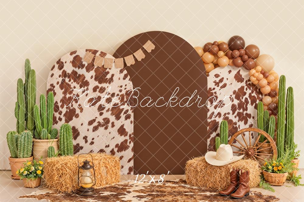 Kate Western Cow Print Cactus Hay Bales Wagon Wheel Boots Balloons Printed Backdrop Designed by Emetselch
