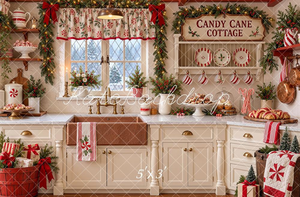 Kate Christmas Kitchen Cottage Candy Cane Rustic Window White Printed Backdrop Designed by Shutter Swan Studios