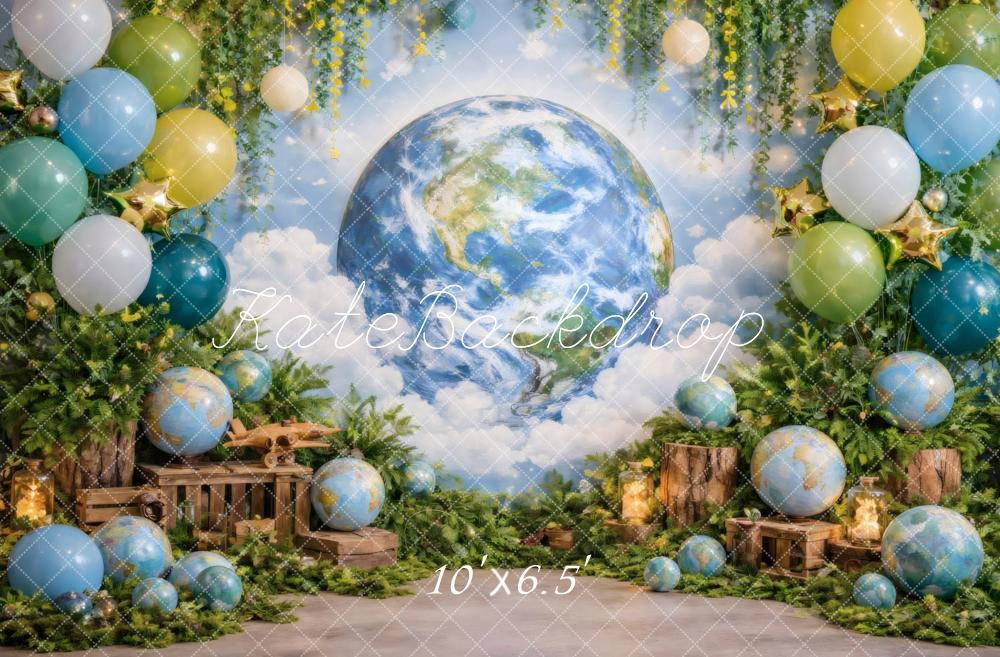 Kate Earth Globe Balloons Greenery Wooden Crates Printed Backdrop Designed by Vertigo Productions