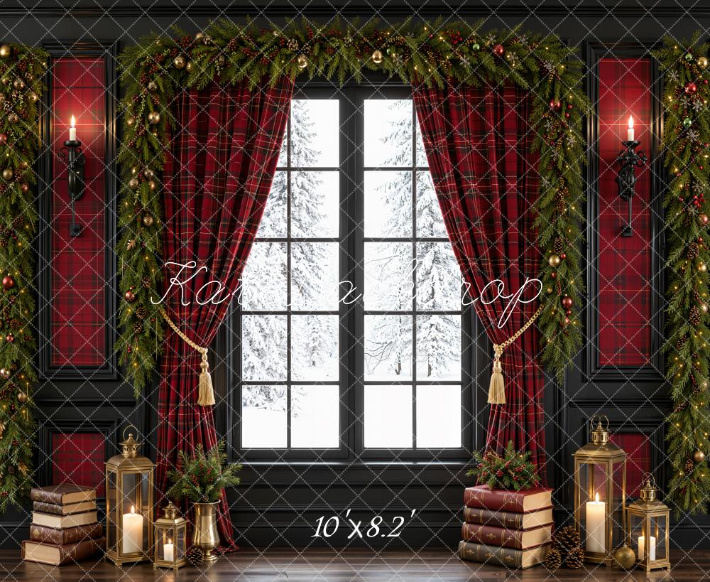 Kate Christmas Red Plaid Curtains Window Books Garland Printed Backdrop Designed by Emetselch