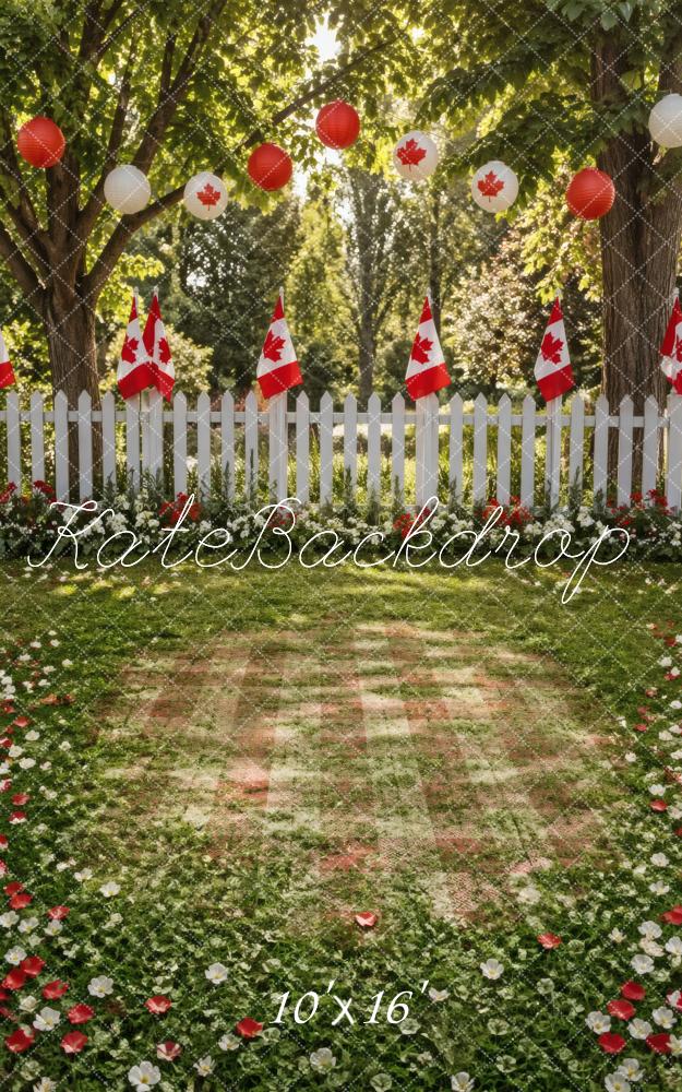 Kate Sweep Canada Day Flags White Picket Fence Garden Printed Backdrop Designed by Vertigo Productions