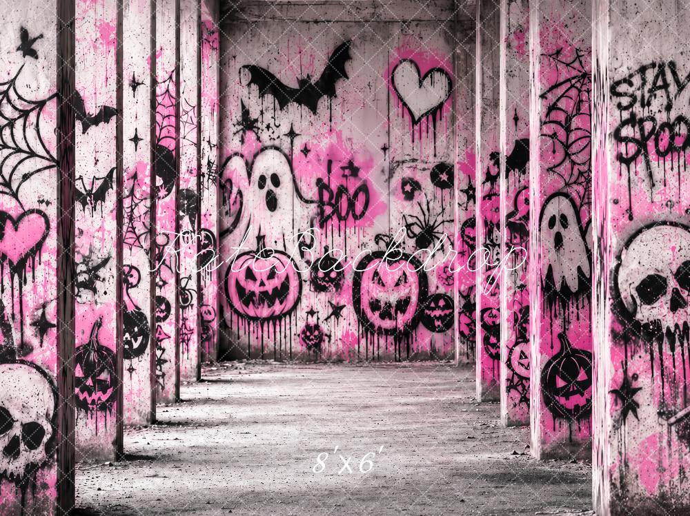 Kate Halloween Pink Graffiti Haunted Hallway Printed Backdrop Designed by Ashley Paul