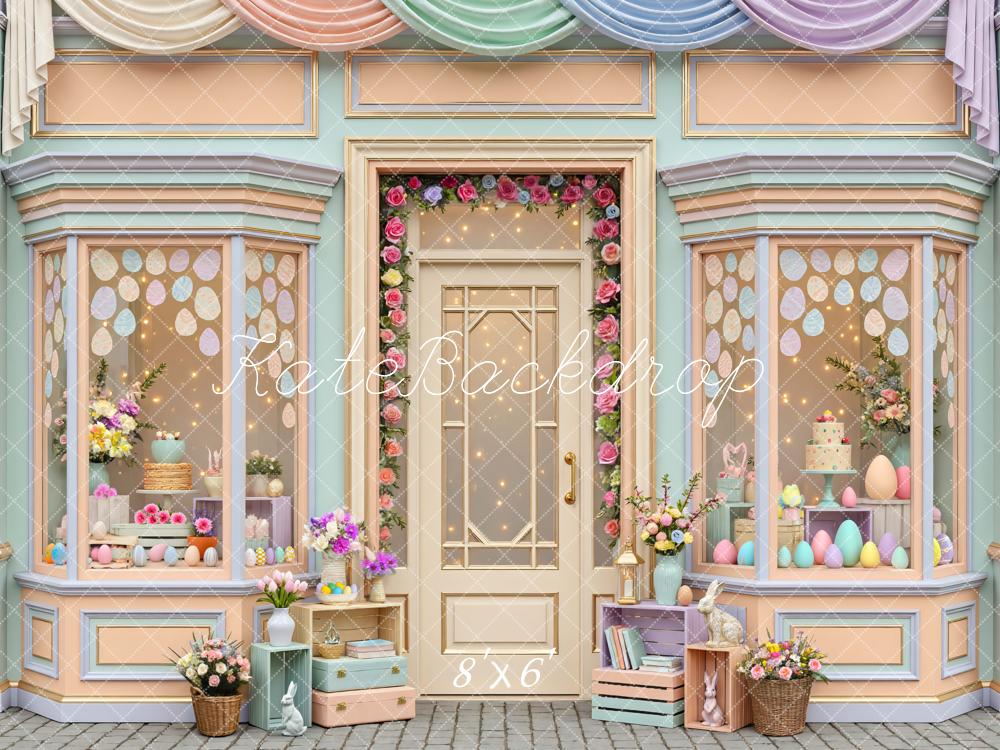 Kate Easter Bunny Pastel Storefront Flower Arch Printed Backdrop Designed by Mini MakeBelieve