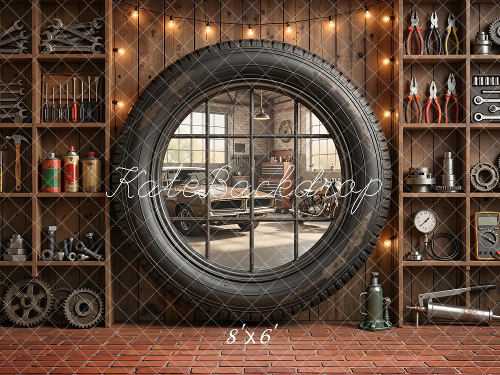 Kate Father's Day Garage Tire Window Tool Shelves Printed Backdrop Designed by Emetselch