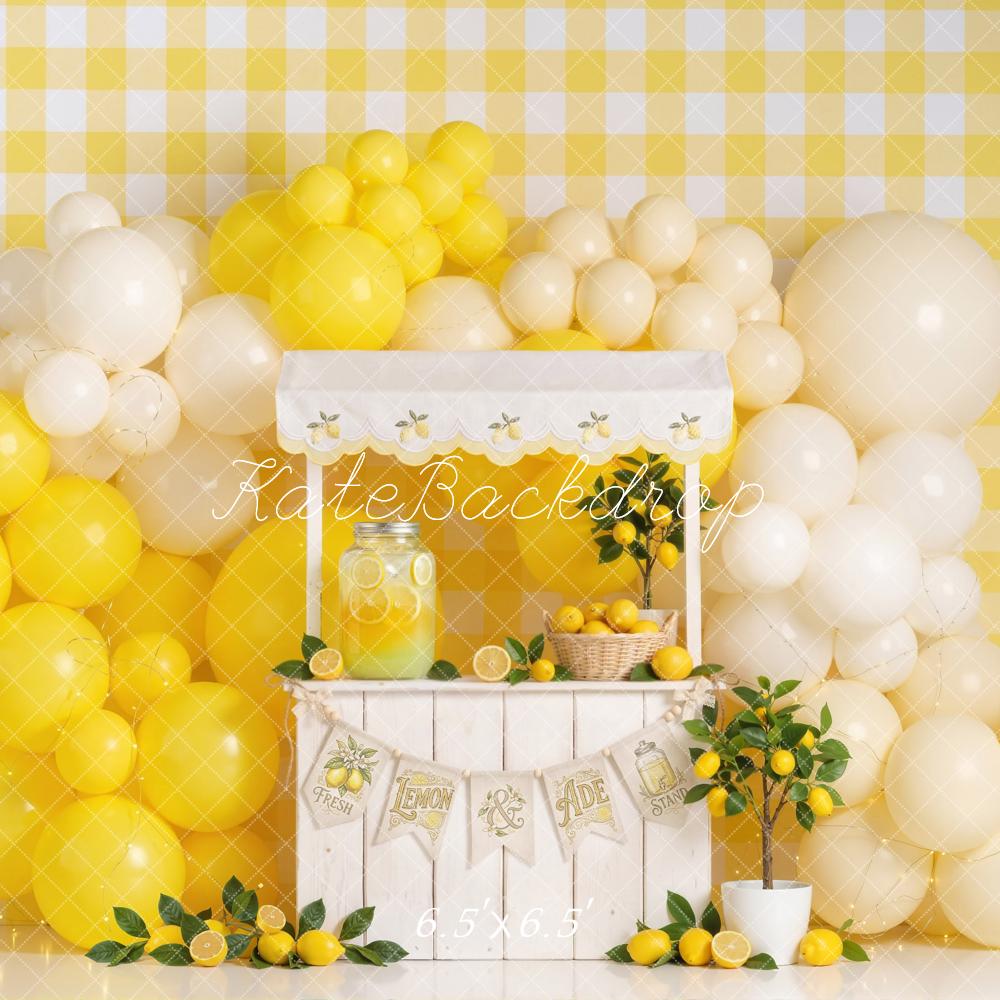 Kate Lemonade Stand Yellow Balloons Gingham Lemon Decor Printed Backdrop Designed by Emetselch