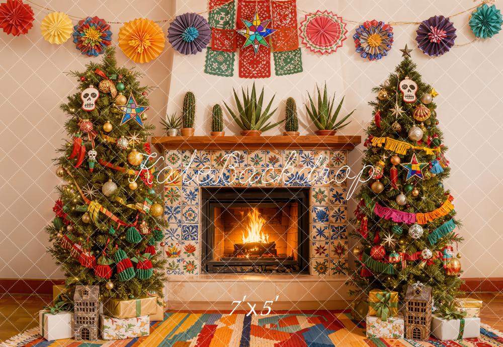Kate Christmas Mexican Navidad Fireplace Trees Papel Picado Backdrop Designed by Emetselch