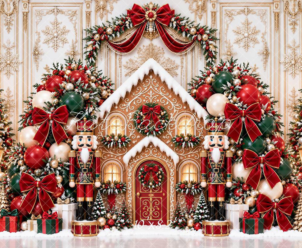 Kate Christmas Gingerbread House Nutcracker Arch Red Bow Snow Printed Backdrop Designed by Ashley Paul