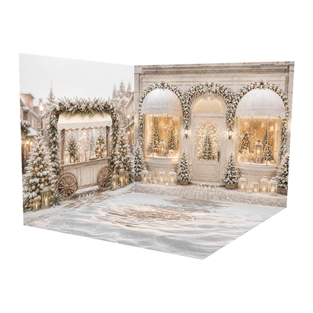 Kate Christmas Shop Arched Window Garland Snowy Trees Printed Backdrop Room Set