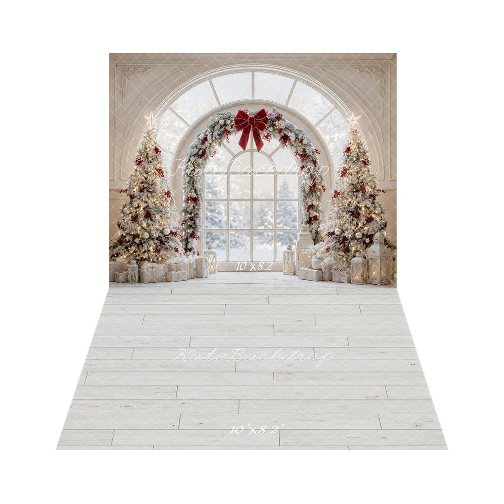 Kate Christmas Trees Arched Window Red Bow Garland Snowy Printed Backdrop+White Wood Plank Floor Printed Backdrop