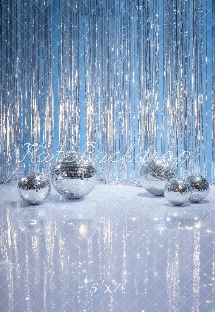 Kate Disco Silver Balls Tinsel Curtain Blue Printed Backdrop Designed by Emetselch