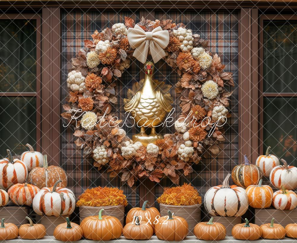 Kate Fall Pumpkin Wreath Gold Turkey Plaid Window Backdrop Designed by Mini MakeBelieve