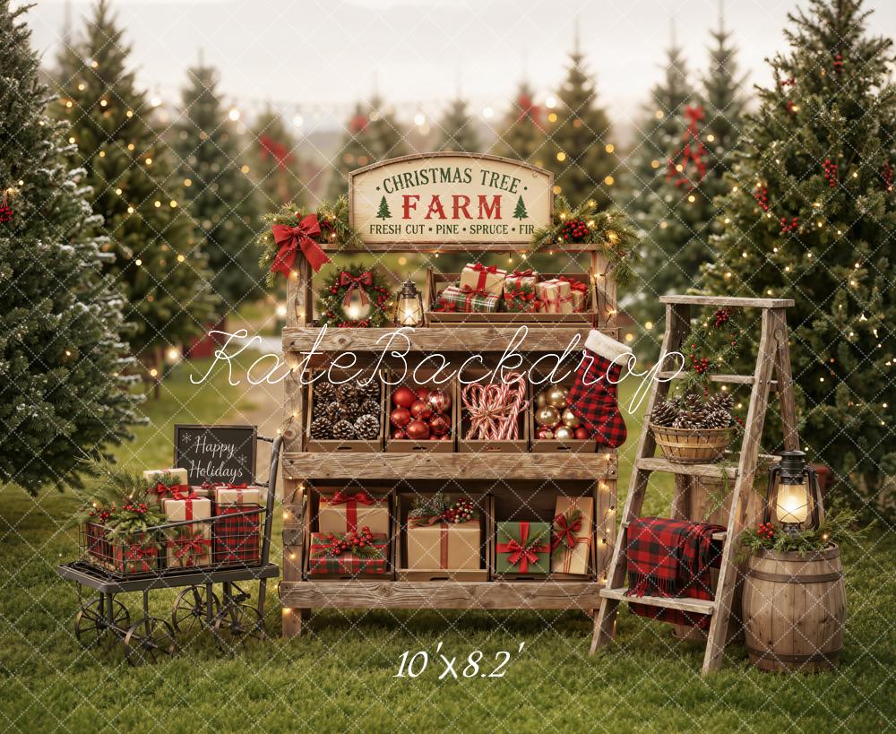 Kate Christmas Tree Farm Gift Display Rustic Ladder Printed Backdrop Designed by Emetselch