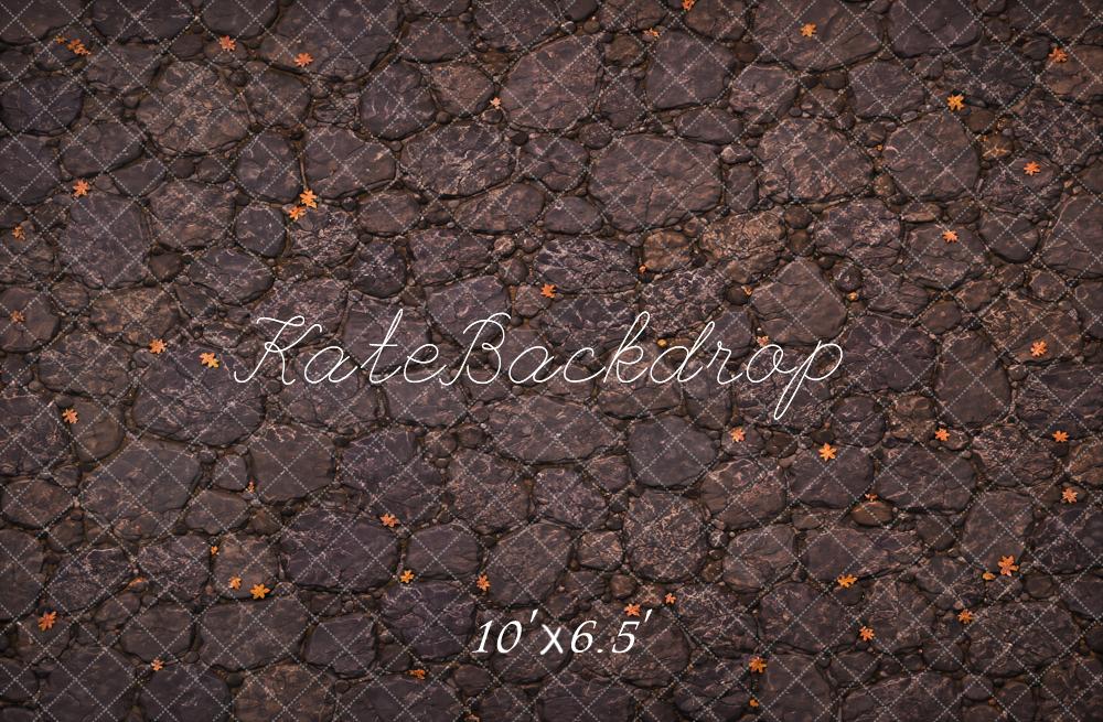 Kate Fall Dark Gray Cobblestone Fallen Leaves Floor Printed Backdrop Designed by Kate Image