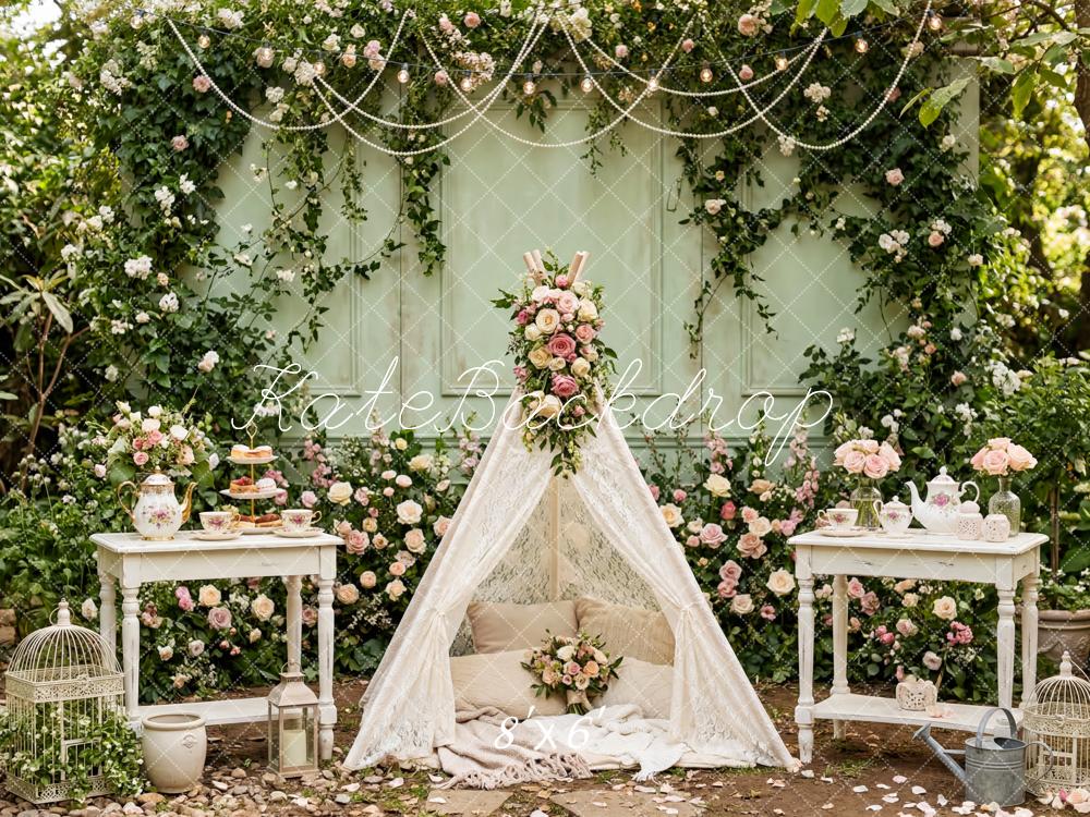Kate Fairy Garden Flower Arch Tea Party Printed Backdrop Designed by Patty Roberts