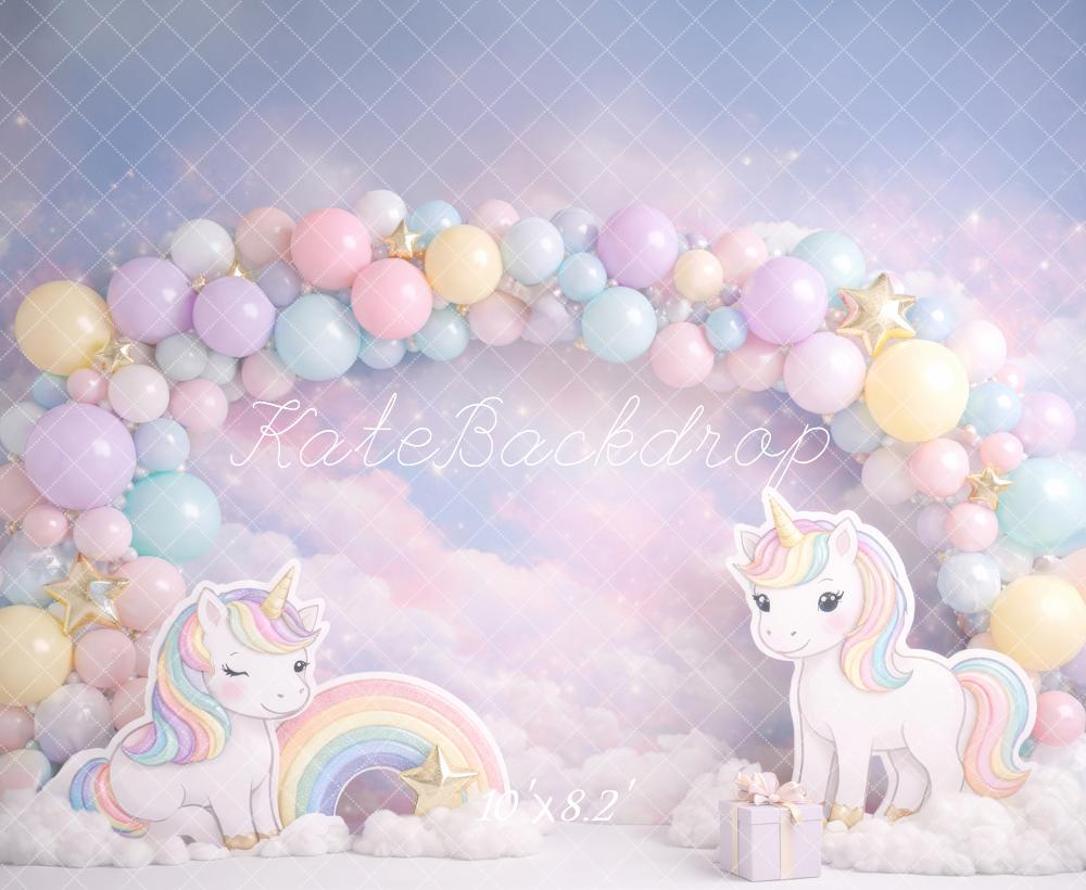 Kate Cake Smash Unicorn Rainbow Pastel Balloon Arch Clouds Backdrop Designed by Megan Leigh Photography