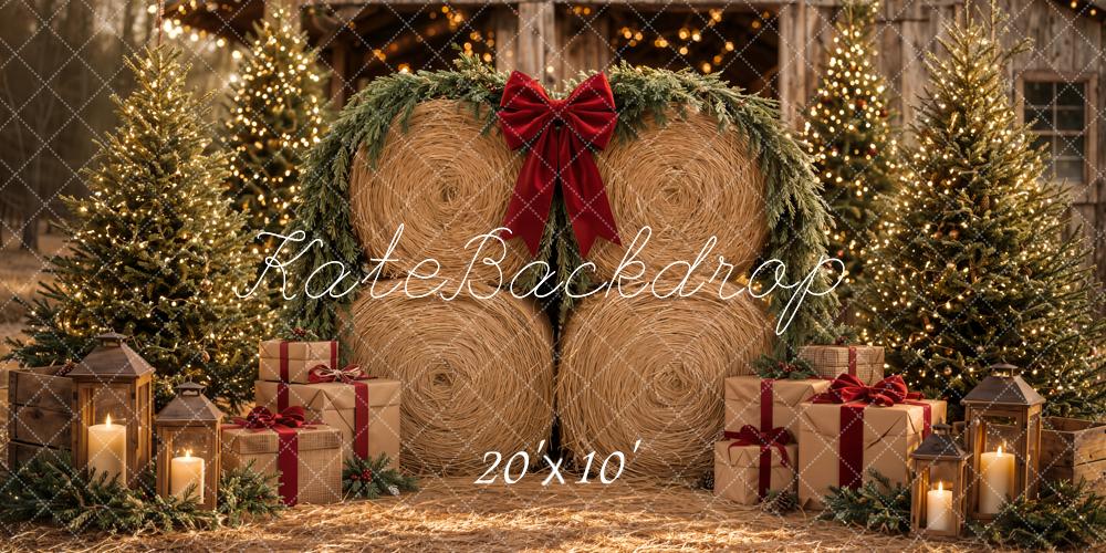Kate Christmas Hay Bales Rustic Barn Pine Trees Gifts Printed Backdrop Designed by Emetselch