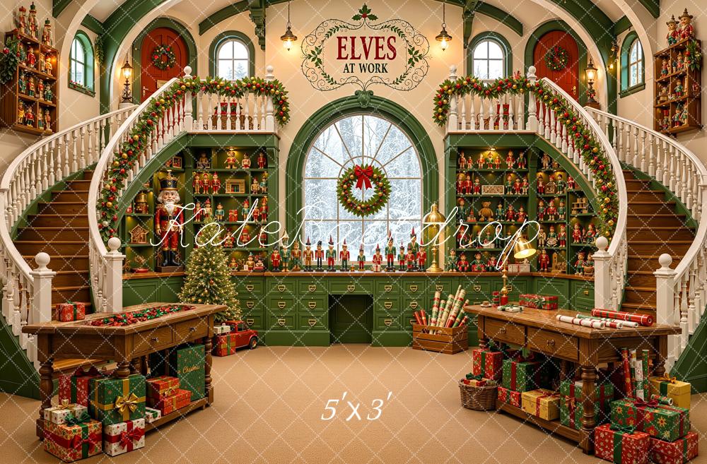 Kate Christmas Green Elves Toy Workshop Staircase Printed Backdrop Designed by Shutter Swan Studios