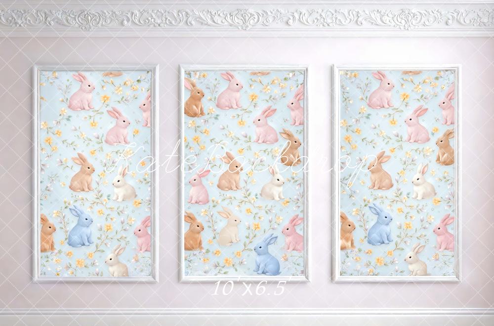 Kate Easter Bunny Floral Pastel Blue Wall Printed Backdrop Designed by Mini MakeBelieve