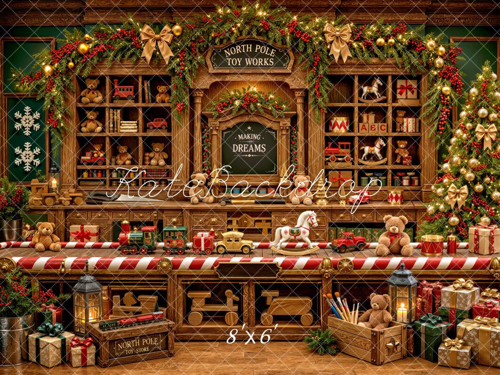 Kate Christmas North Pole Toy Workshop Wooden Shelves Printed Backdrop Designed by Mini MakeBelieve