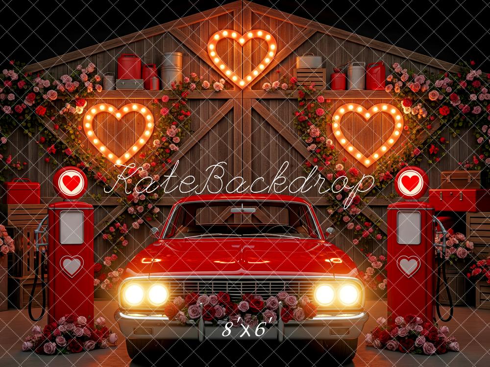 Kate Valentine's Day Red Car Heart Gas Pump Barn Roses Backdrop Designed by Patty Roberts