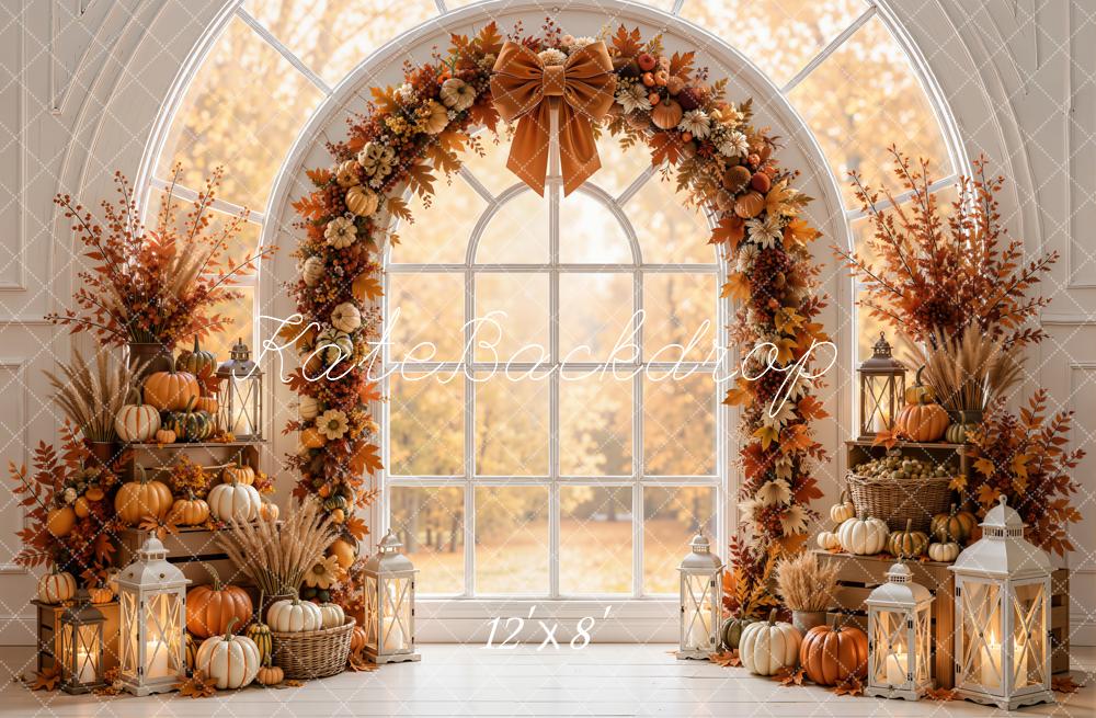 Kate Fall Pumpkin Flower Arch Window White Printed Backdrop Designed by Emetselch