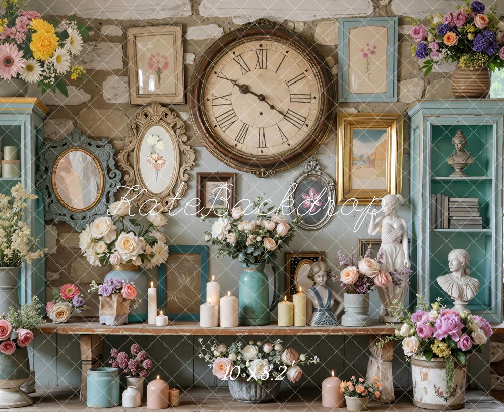 Kate Vintage Wall Clock Floral Cabinets Busts Candles Backdrop Designe