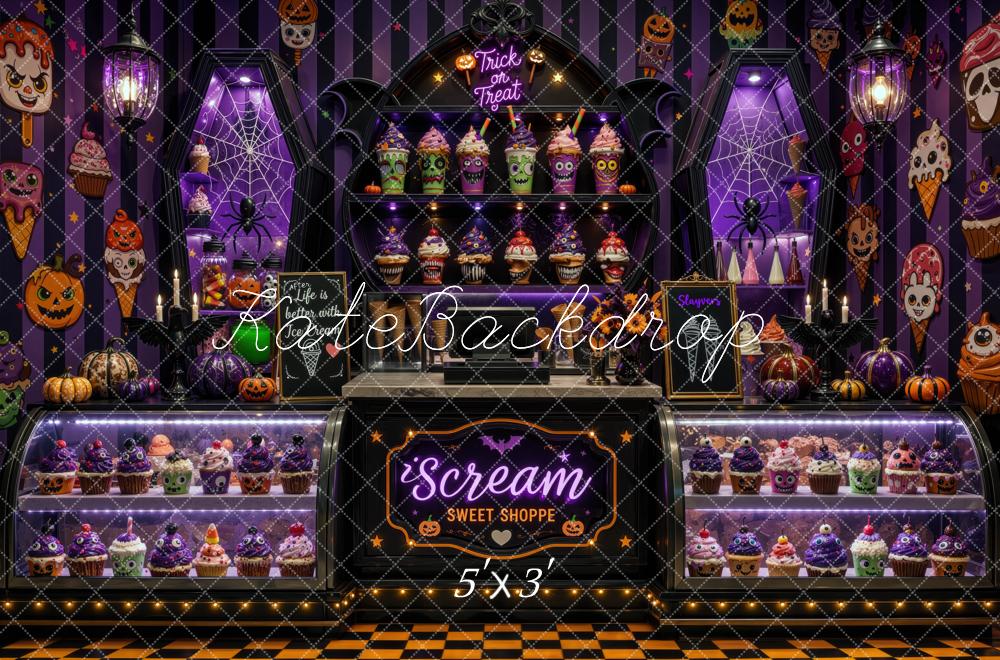 Kate Halloween Ice Cream Purple Shoppe Cupcakes Display Cabinet Printed Backdrop Designed by Mini MakeBelieve