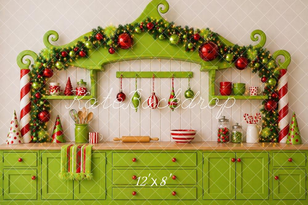 Kate Christmas Whimsical Green Kitchen Cabinet Garland Ornaments Printed Backdrop Designed by Caitlin Lynch