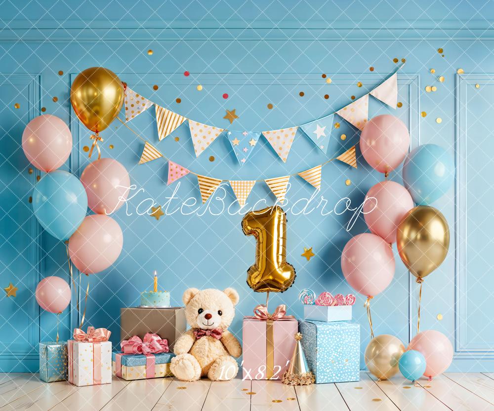 TEST Kate Cake Smash Blue Balloon Bunting Teddy Bear First Birthday Backdrop Designed by Chain Photography