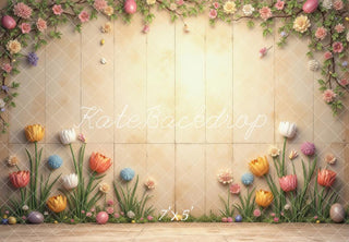 Kate Easter Flower Arch Pastel Eggs Beige Wall Printed Backdrop Designed by Laura Bybee
