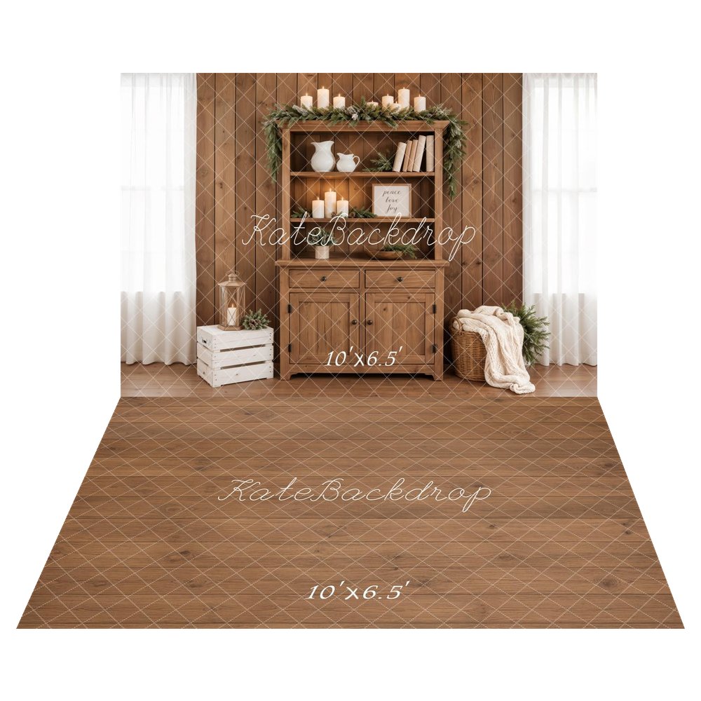 Kate Christmas Wooden Cabinet Candles Garland Lantern Crate Basket Printed Backdrop+Brown Wood Plank Floor Printed Backdrop