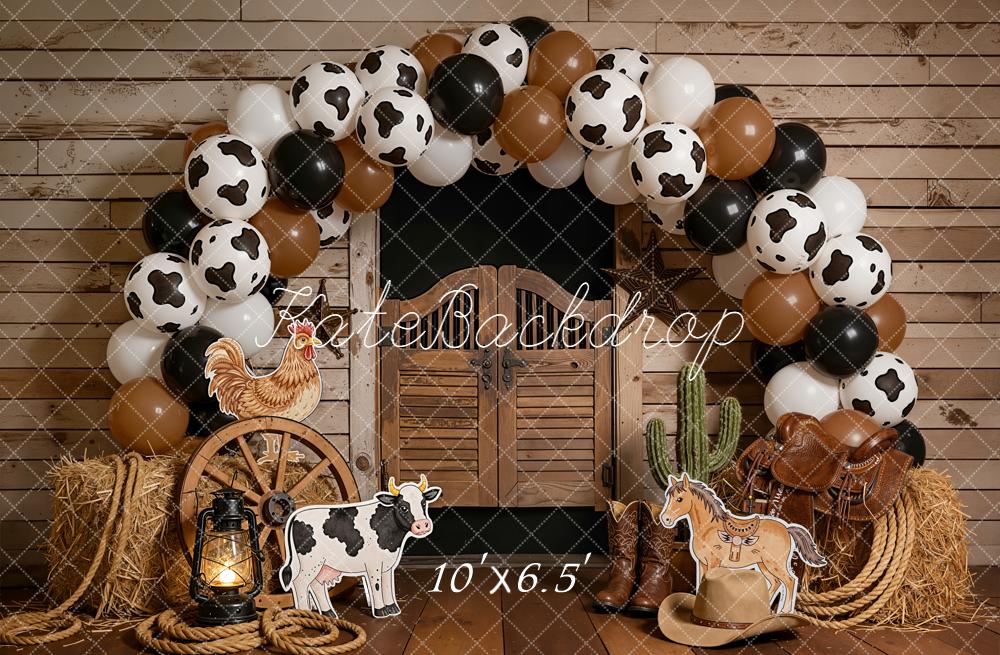 Kate Cake Smash Western Saloon Barn Cow Print Balloon Arch Farm Animals Backdrop Designed by Emetselch