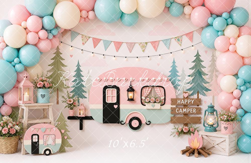 Kate Cake Smash Pastel Camper Party Balloons Campfire Printed Backdrop Designed by Ashley Ward