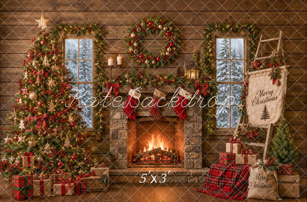 Kate Christmas Rustic Cabin Fireplace Tree Ladder Printed Backdrop Designed by Emetselch