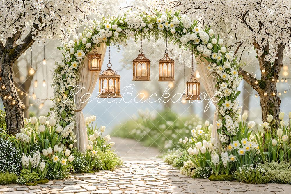Kate Spring Flower Arch White Blossoms Lanterns Pathway Backdrop Designed by Emetselch