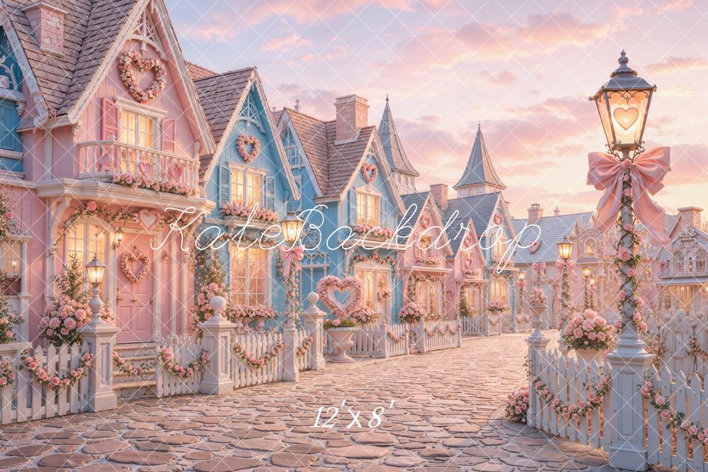 Kate Valentine's Day Street Pink Heart Cottage Village Printed Backdrop Designed by Chain Photography