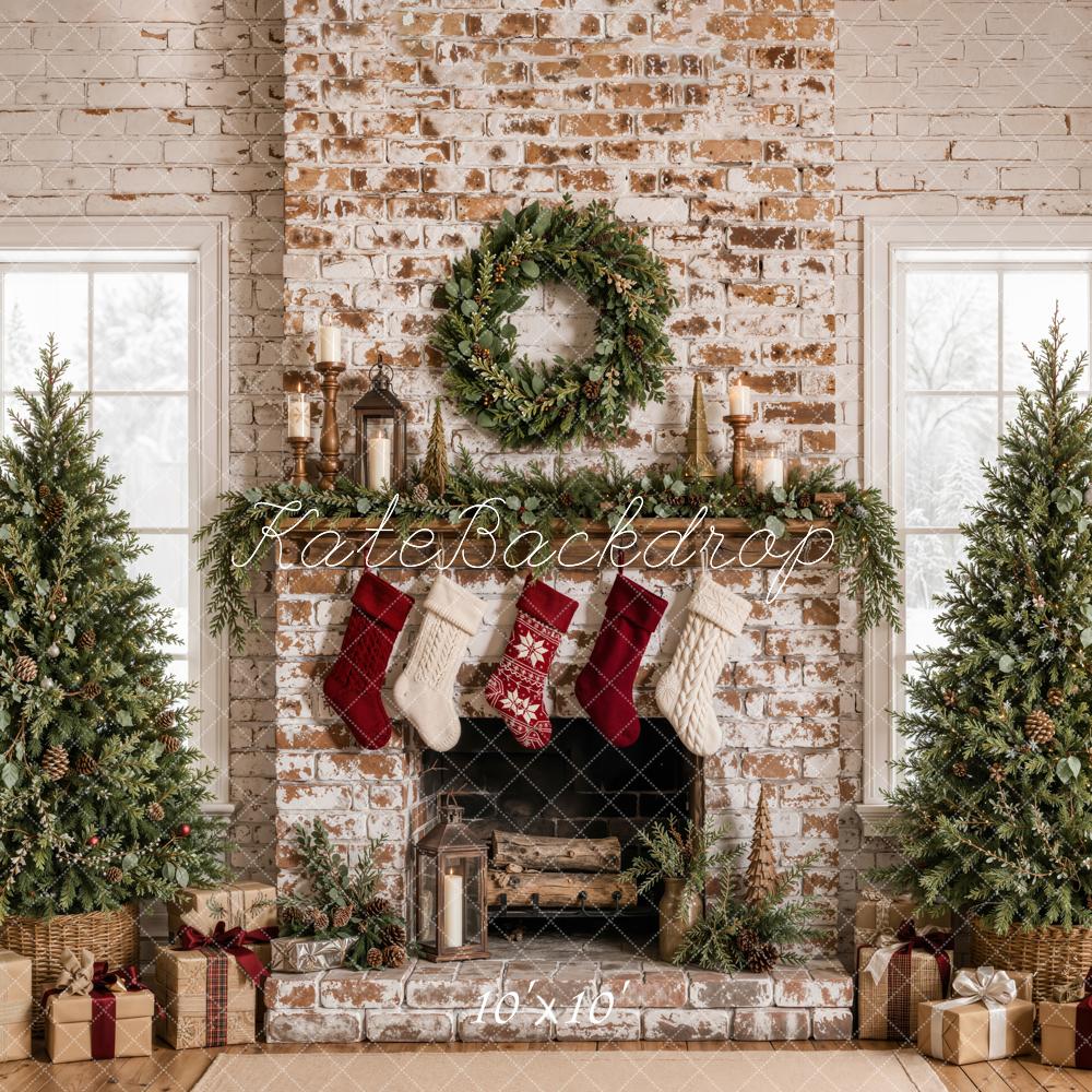 Kate Christmas Distressed Brick Fireplace Christmas Trees Wreath Printed Backdrop Designed by Emetselch