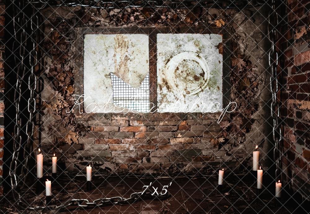 Kate Halloween Spooky Brick Wall Chains Candles Window Printed Backdrop Designed by Fantasyphotoart