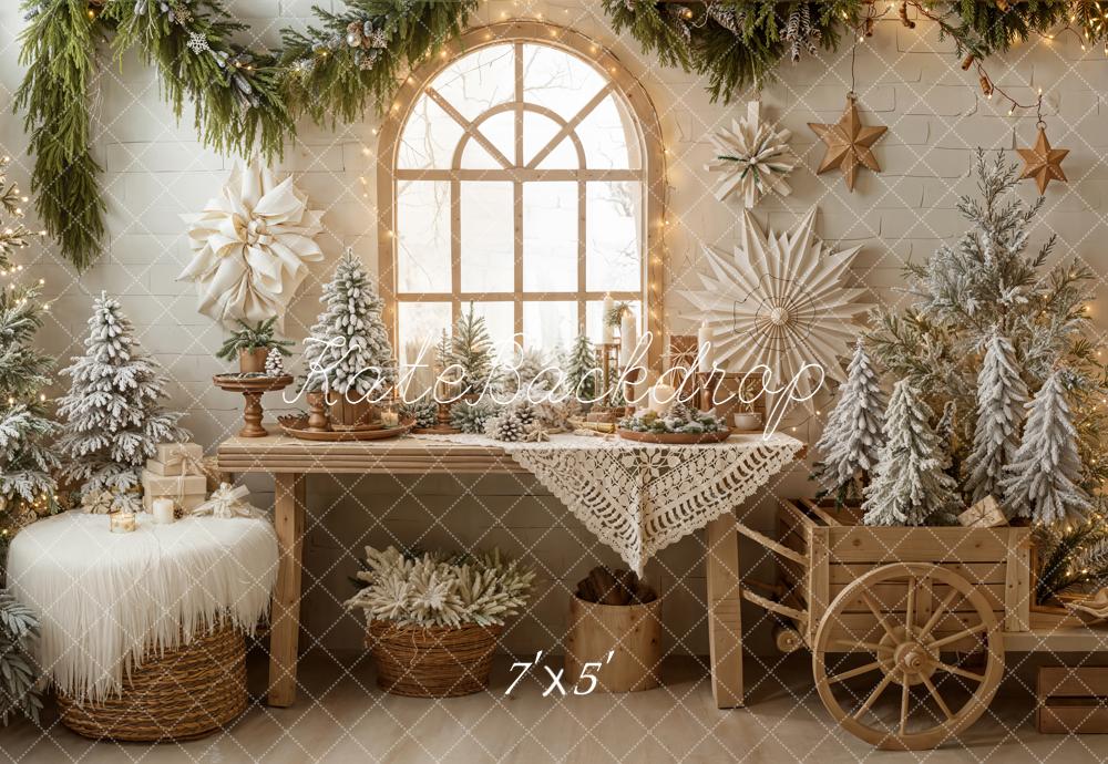 Kate Christmas Trees Neutral Window Garland Wooden Cart Rustic Backdrop Designed by Emetselch