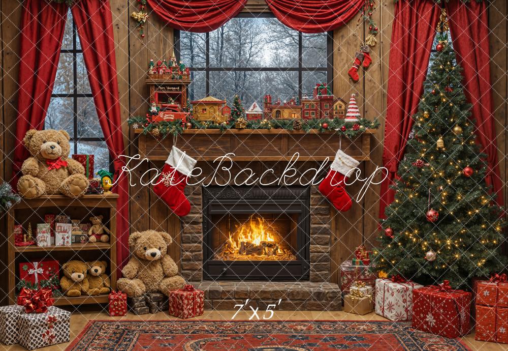 Kate Christmas Tree Fireplace Teddy Bear Toys Gifts Backdrop Designed by Emetselch