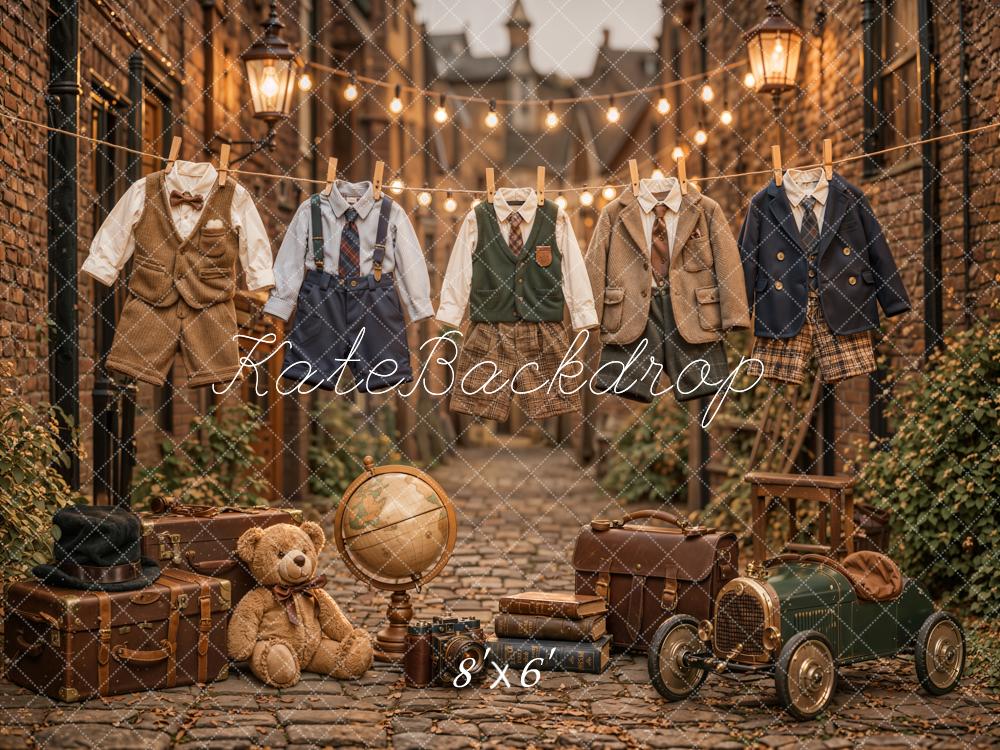 Kate Vintage Alleyway Boys Outfits Teddy Bear Suitcases Toy Car Printed Backdrop Designed by Emetselch