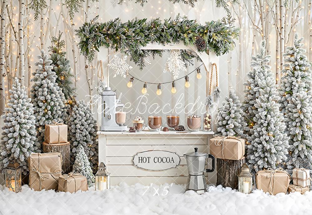 Kate Christmas Hot Cocoa Stand Snowy Trees Gifts Rustic Backdrop Designed by Emetselch