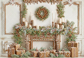 Kate Christmas Gingerbread Fireplace Garland Gifts Wreath Printed Backdrop Designed by Emetselch